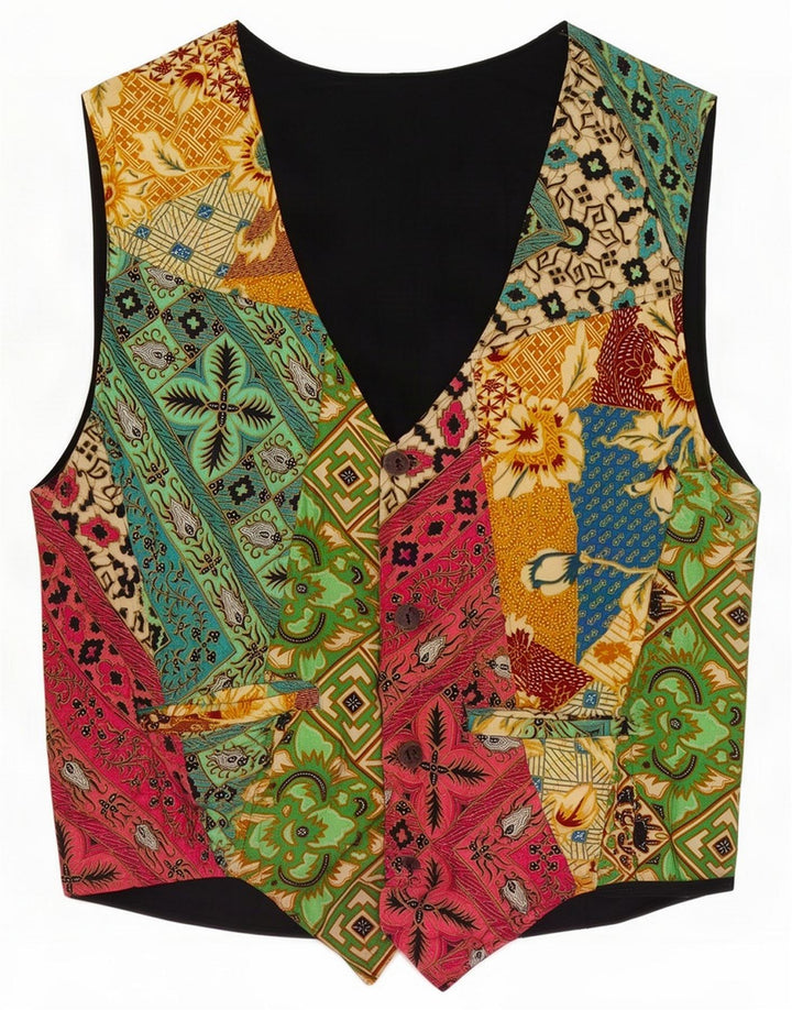 Vintage Gilet Homme Petit Patchwork Multicolore