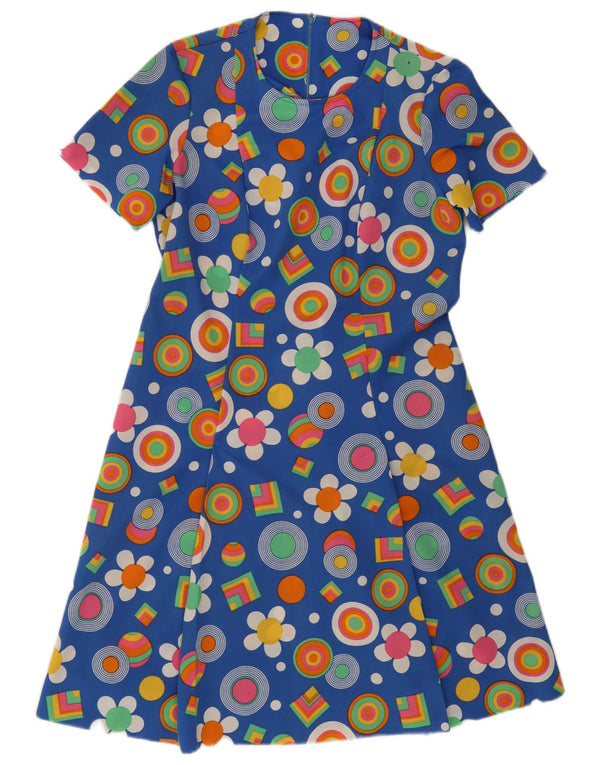 vintage Femme Robe A-Line UK 12 Bleu Moyen Floral