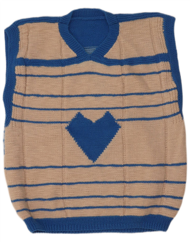 vintage Mens Vest Débardeur Moyen Beige Rayé