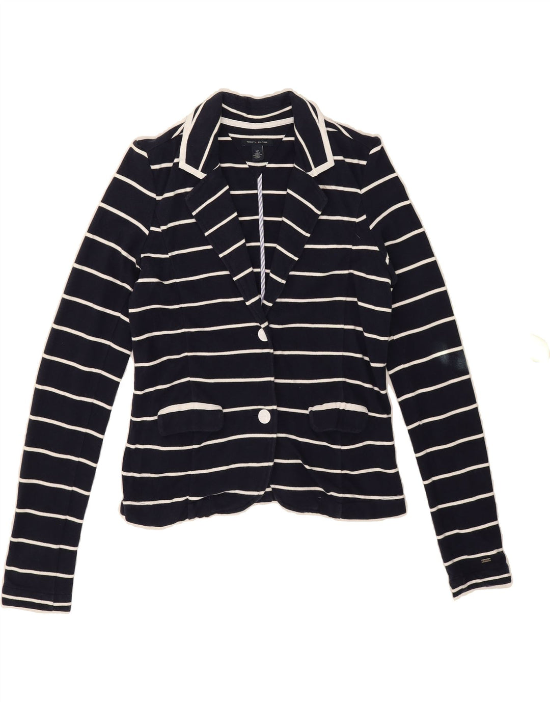 TOMMY HILFIGER Womens 2 Button Blazer Jacket UK 10 Small Navy Blue Striped Vintage Tommy Hilfiger and Second-Hand Tommy Hilfiger from Messina Hembry 