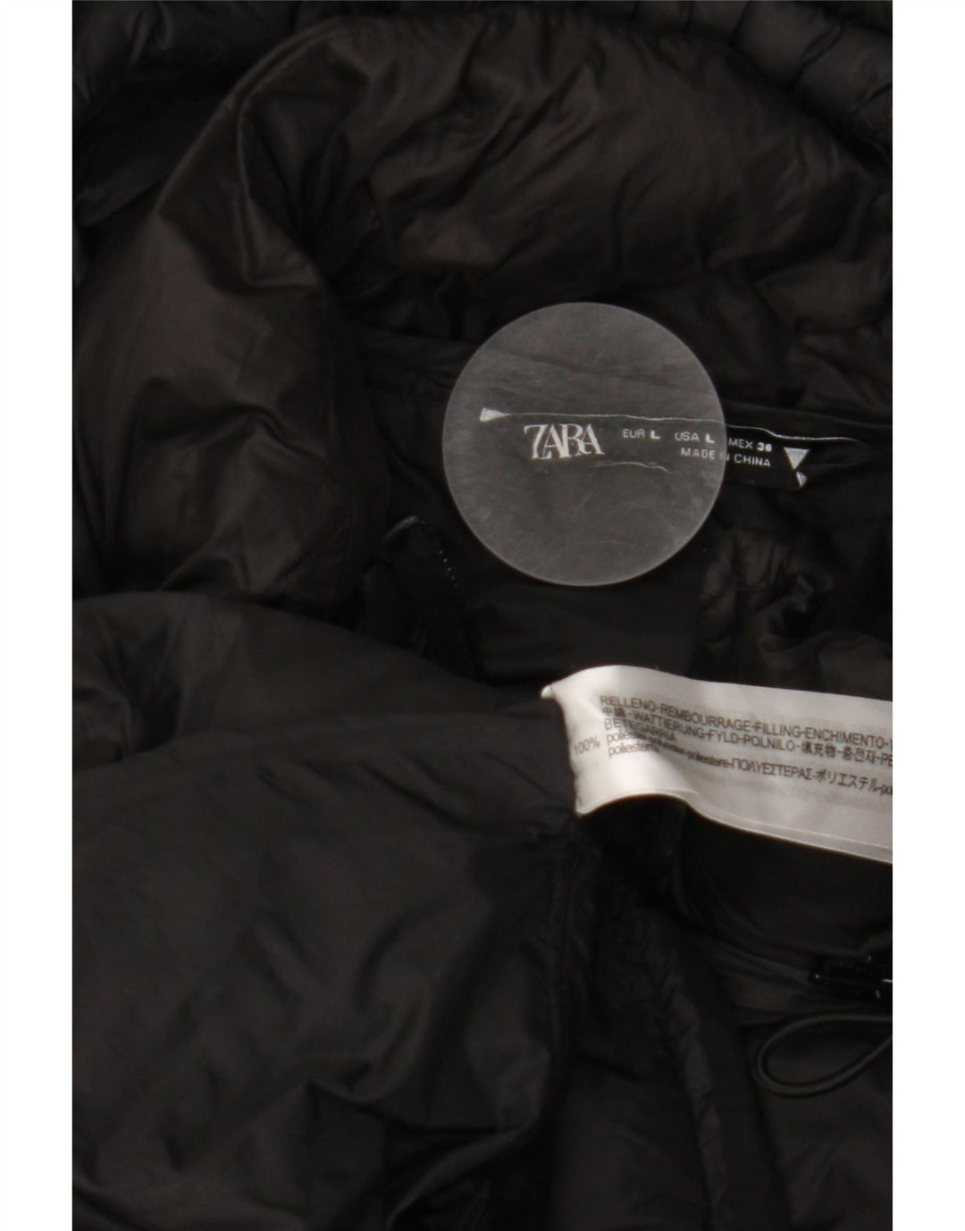 ZARA Manteau matelassé à capuche pour femme UK 16 Large Noir Polyester