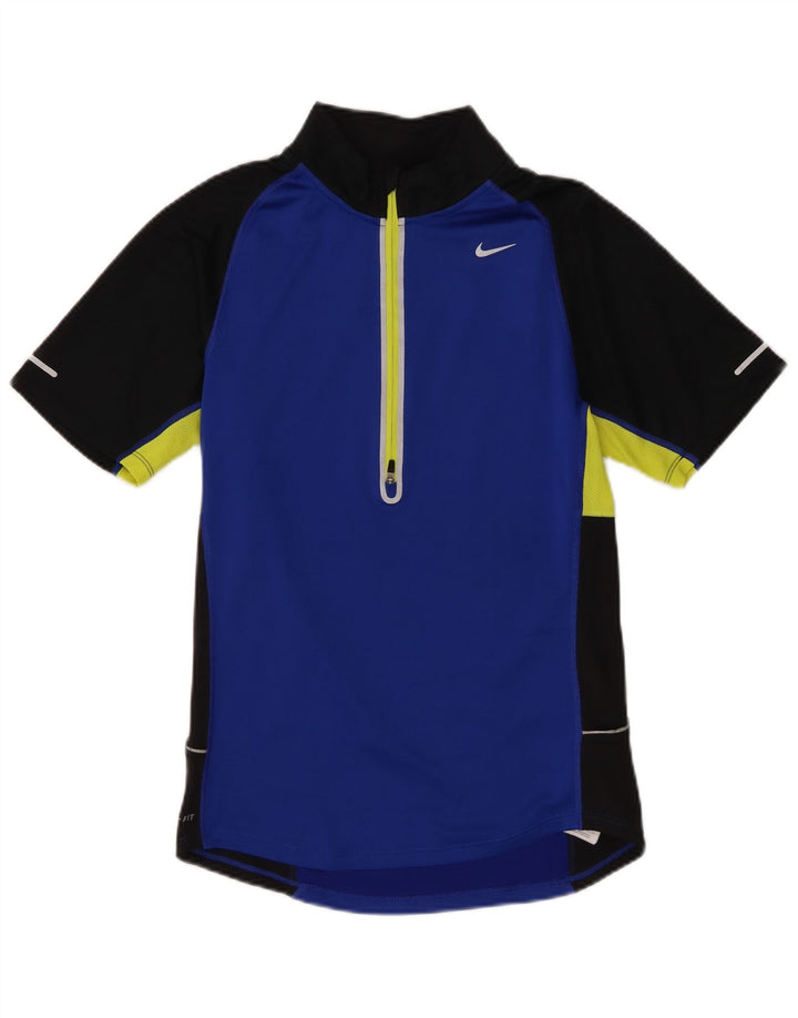 Nike Hommes Dri Fit Zip Neck T-Shirt Haut Petit Bleu Colorblock Polyester