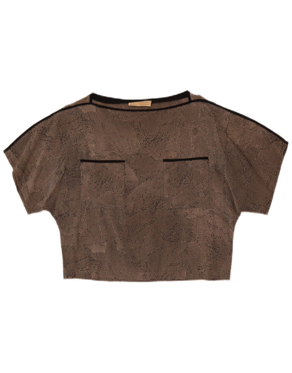 vintage Womens Crop Blouse Top UK 14 Soie tachetée brun moyen