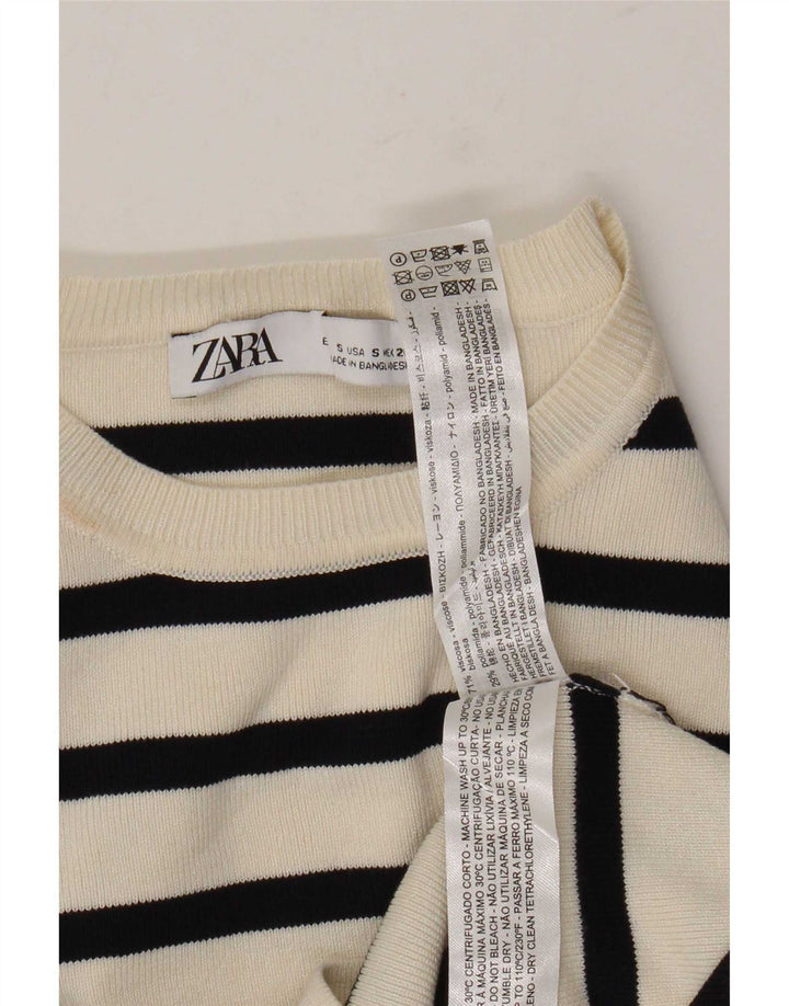 Zara Womens Crop Blouse Top UK 8 Petit Viscose Rayé Blanc Cassé