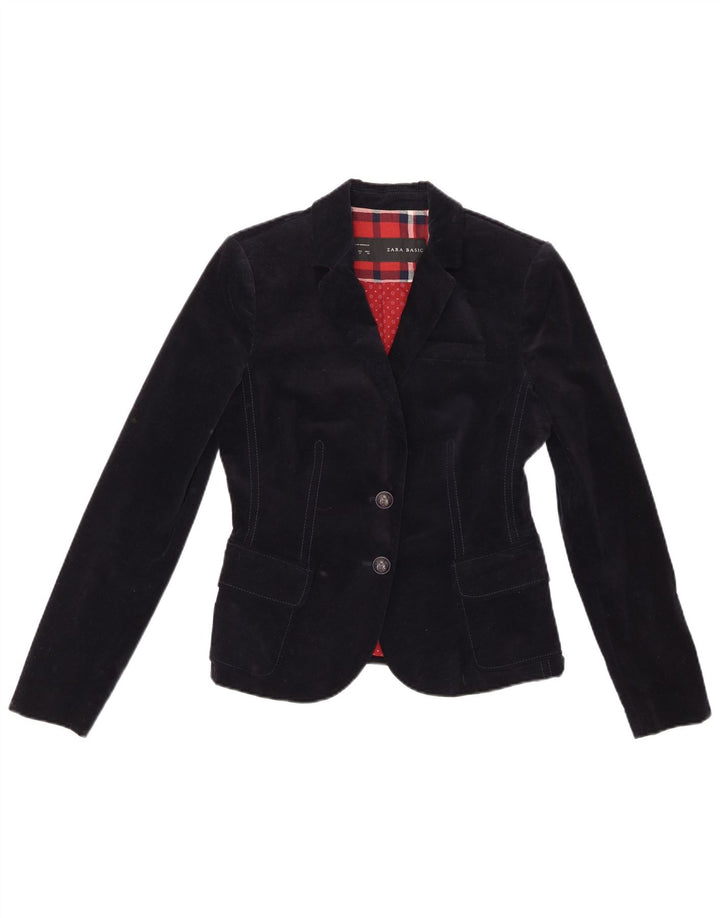 Zara Veste blazer en velours à 2 boutons pour femme UK 12 Bleu marine moyen en coton