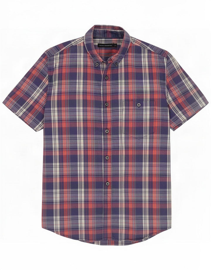 Chemise à manches courtes French Connection pour homme en coton à carreaux bleu marine moyen