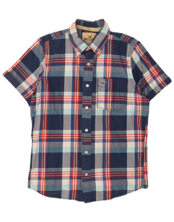 Hollister Chemise à manches courtes pour homme en coton à carreaux bleu marine moyen