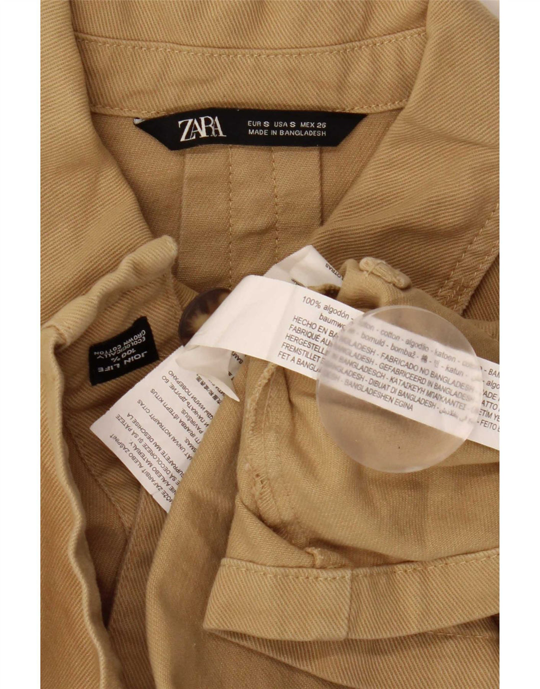 Zara Veste utilitaire surdimensionnée à manches 3/4 pour femme UK 10 Petit coton beige