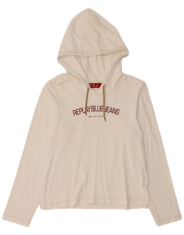 REPLAY Haut graphique à capuche à manches longues pour femme UK 14 Large Blanc Coton