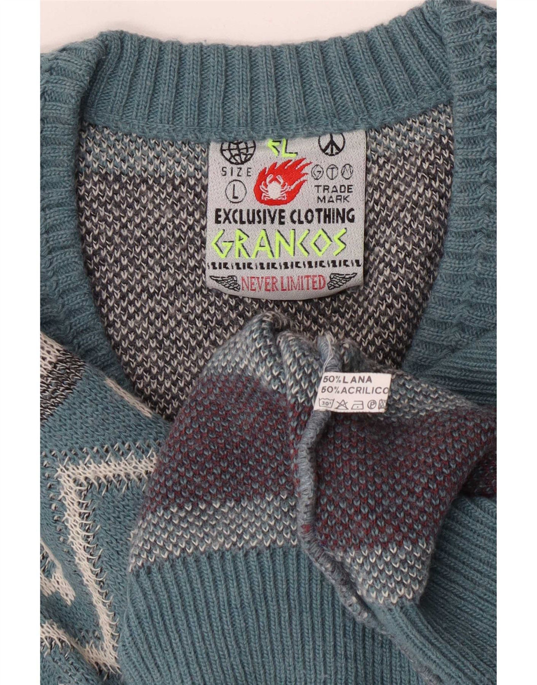 vintage Mens V-Col Jumper Pull Grande Laine Géométrique Bleue