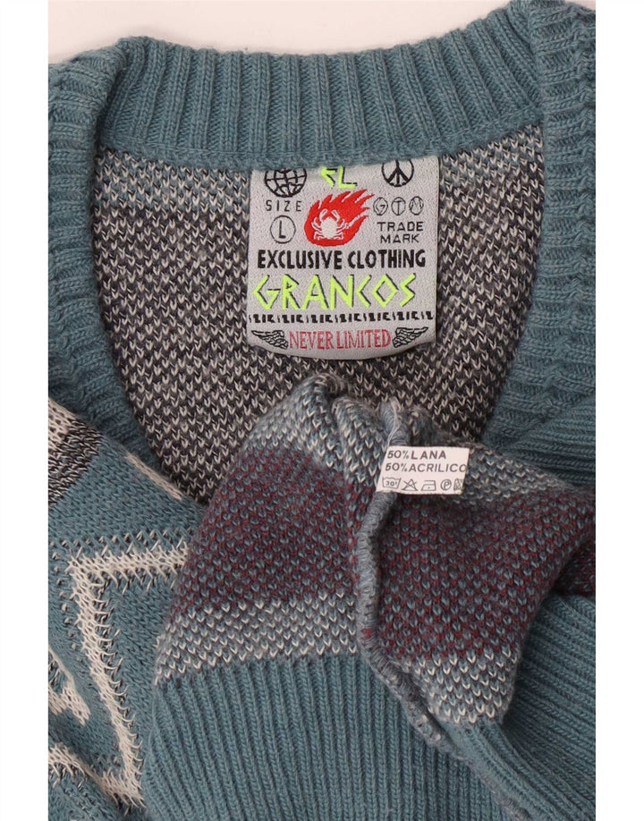 vintage Mens V-Col Jumper Pull Grande Laine Géométrique Bleue