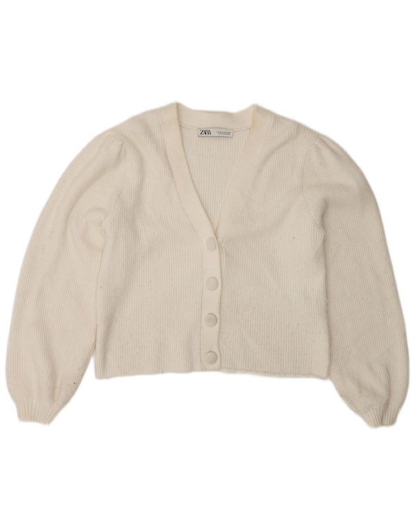 Zara Femme Cardigan Pull UK 12 Moyen Blanc Viscose