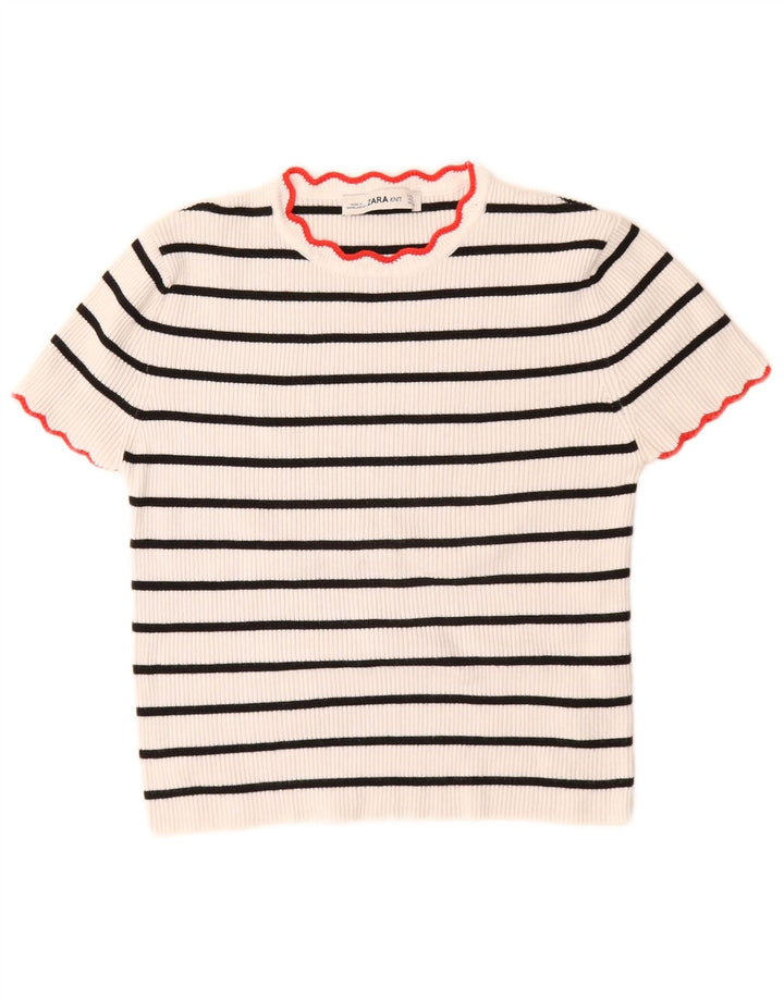 Zara Pull court à col rond pour femme UK 10 Petit rayé blanc