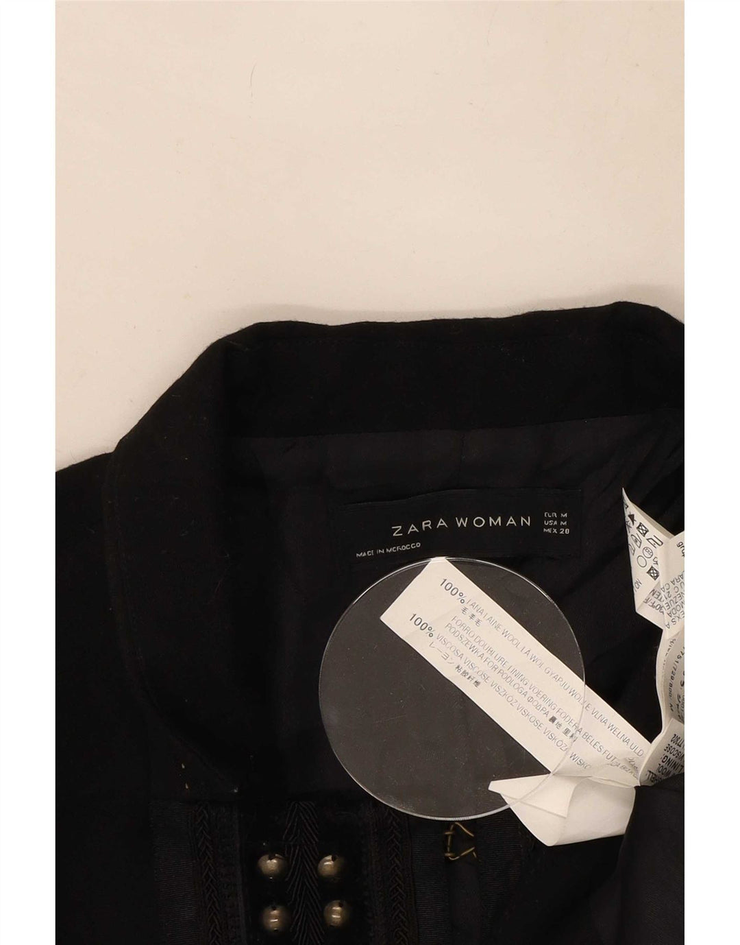 Zara Veste Blazer Femme UK 12 Laine Noir Moyen