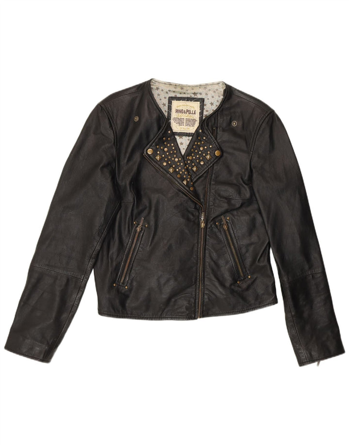 RINO & PELLE Veste en cuir de motard court pour femme UK 12 Cuir noir moyen