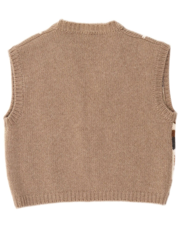 vintage Womens Crop Sans Manches Cardigan Pull UK 14 Grand Marron Géométrique