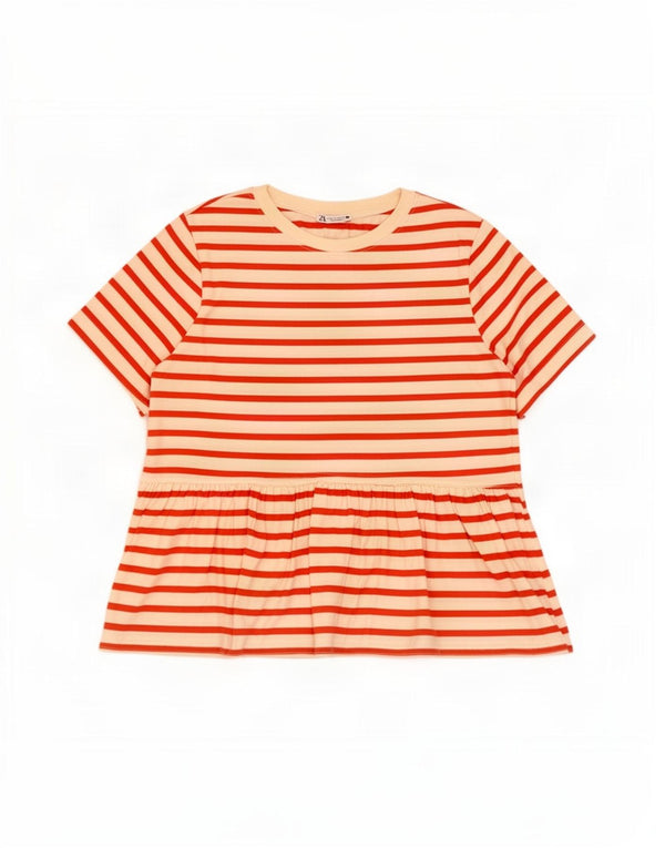 Zara Femme Chemisier Top UK 12 Coton Rayé Rouge Moyen