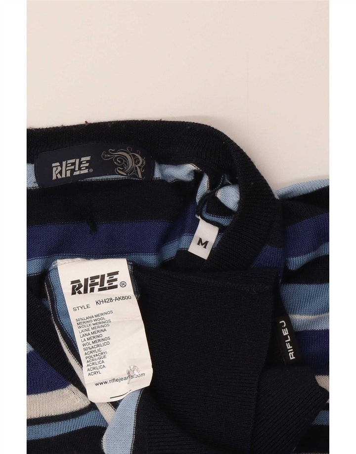 Rifle Pull col V Homme Laine Rayée Bleu Marine Moyen