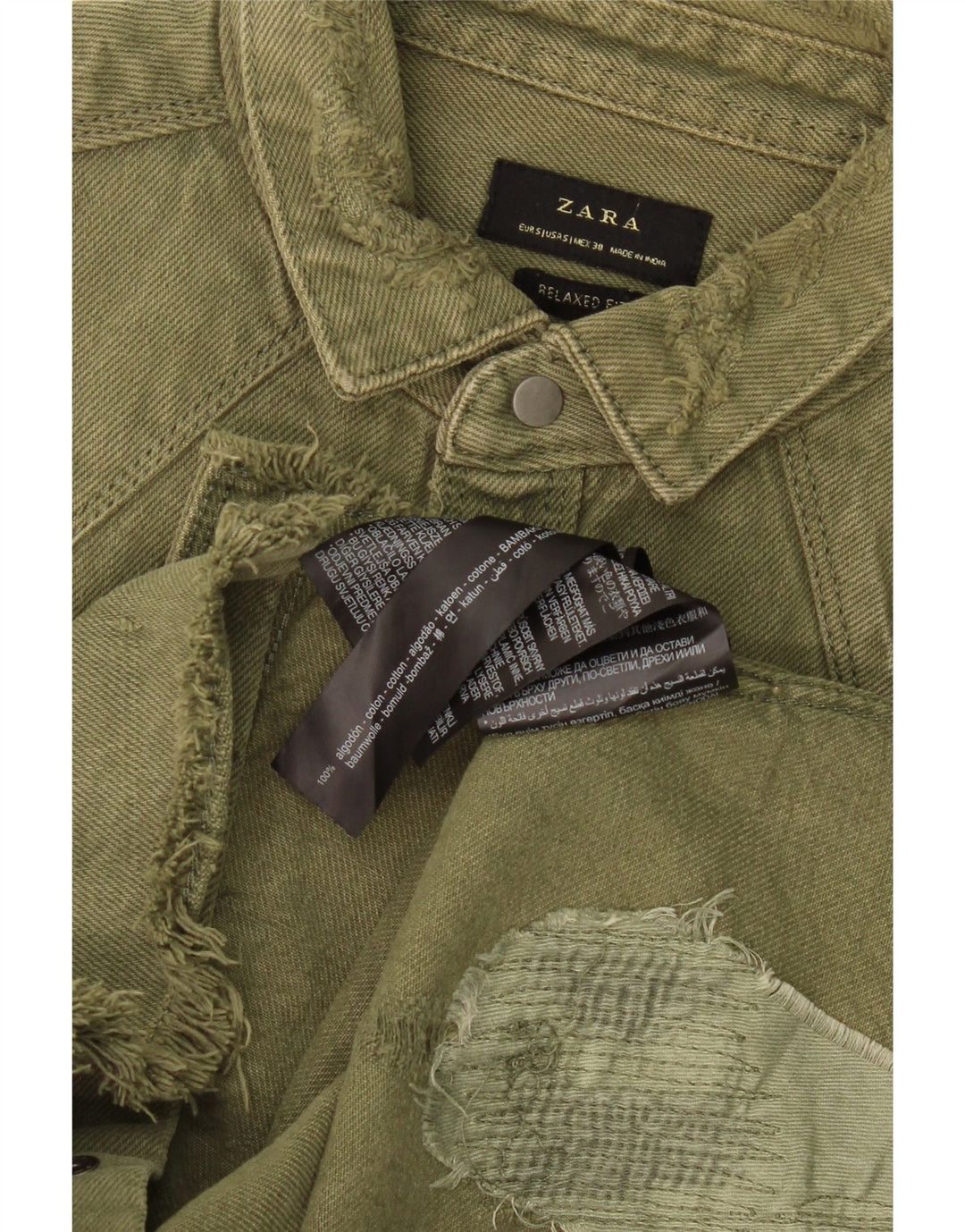 ZARA Chemise en jean coupe décontractée en détresse pour homme Petit coton kaki
