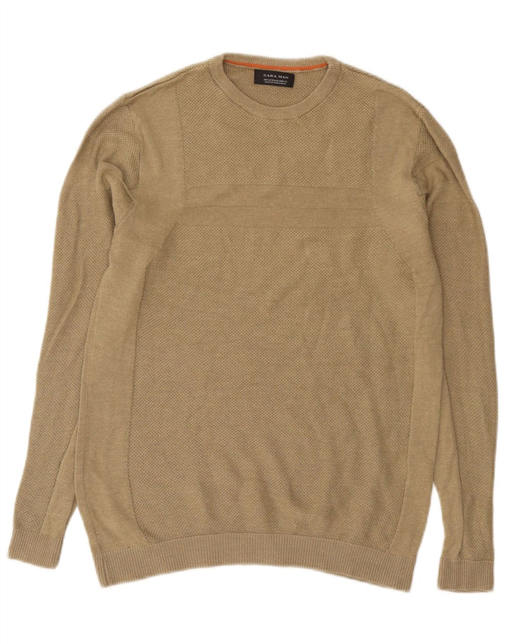 Zara Homme Pull Col Ras Du Cou Acrylique Kaki Moyen