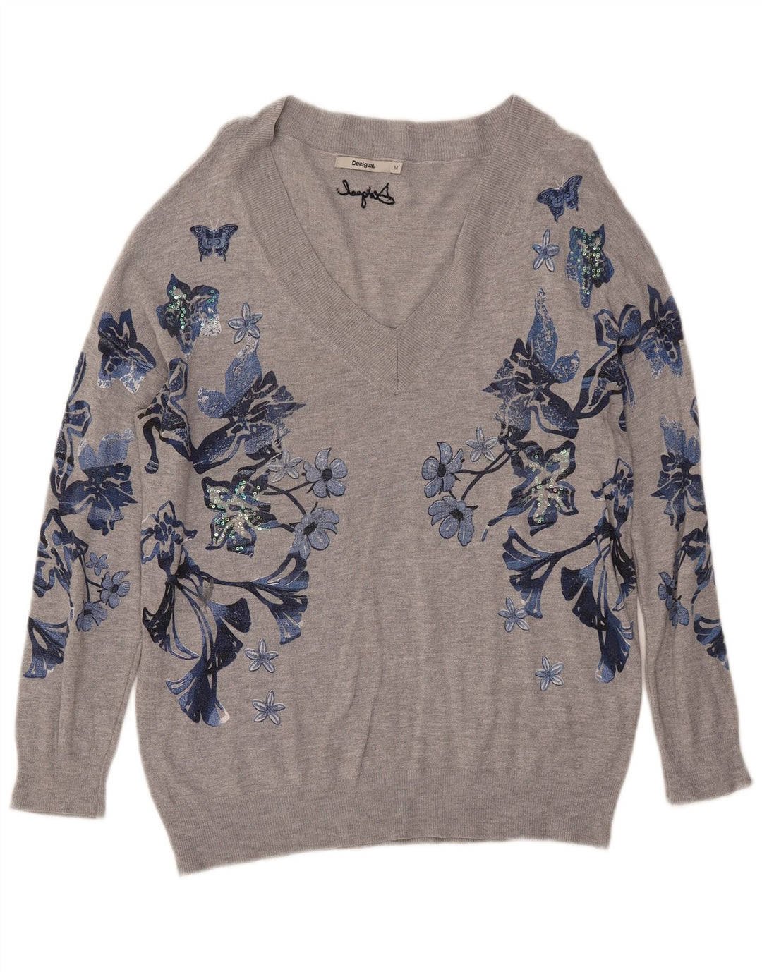 DESIGUAL Pull graphique à col en V pour femme UK 14 Gris moyen floral