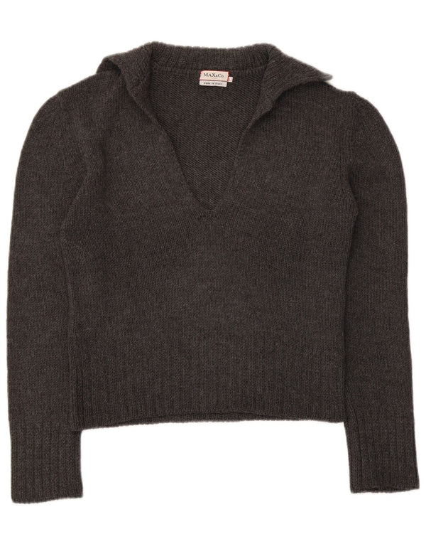 Max & Co. Pull court à col polo pour femme UK 14 Grande laine vierge grise