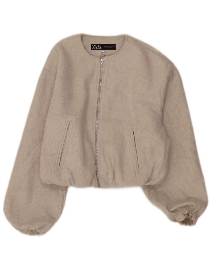 Zara Womens Crop Oversize Bomber Jacket UK 10 Petit Beige Polyester