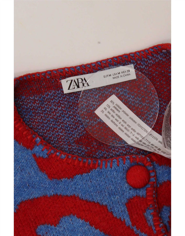 Zara Cardigan Femme Pull UK 14 Bleu Moyen Floral Polyester