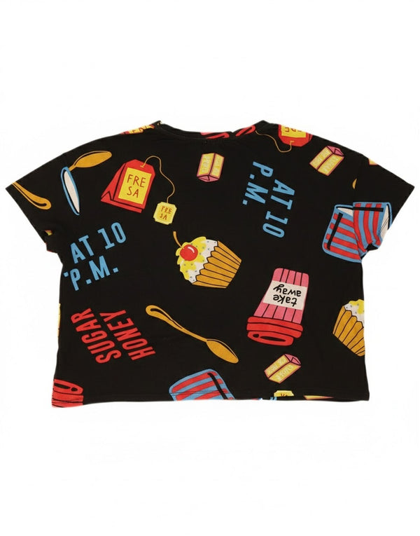 Zara Womens Crop Oversize Graphic T-Shirt Top UK 14 Noir Moyen