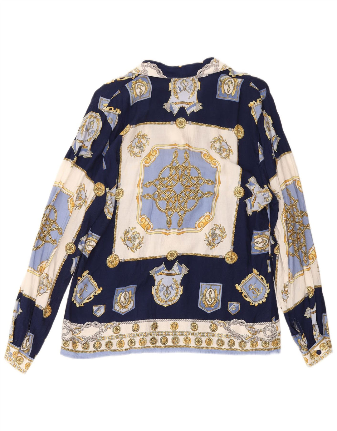 VINTAGE Femme Motif Abstrait Chemise Blouse UK 14 Bleu Marine Moyen