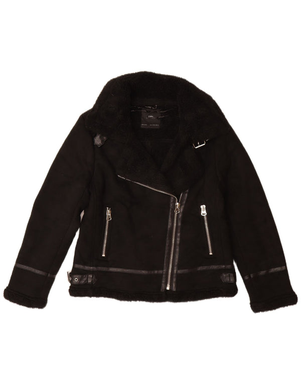 ZARA Veste Sherpa Biker Femme UK 12 Medium Noir Polyester