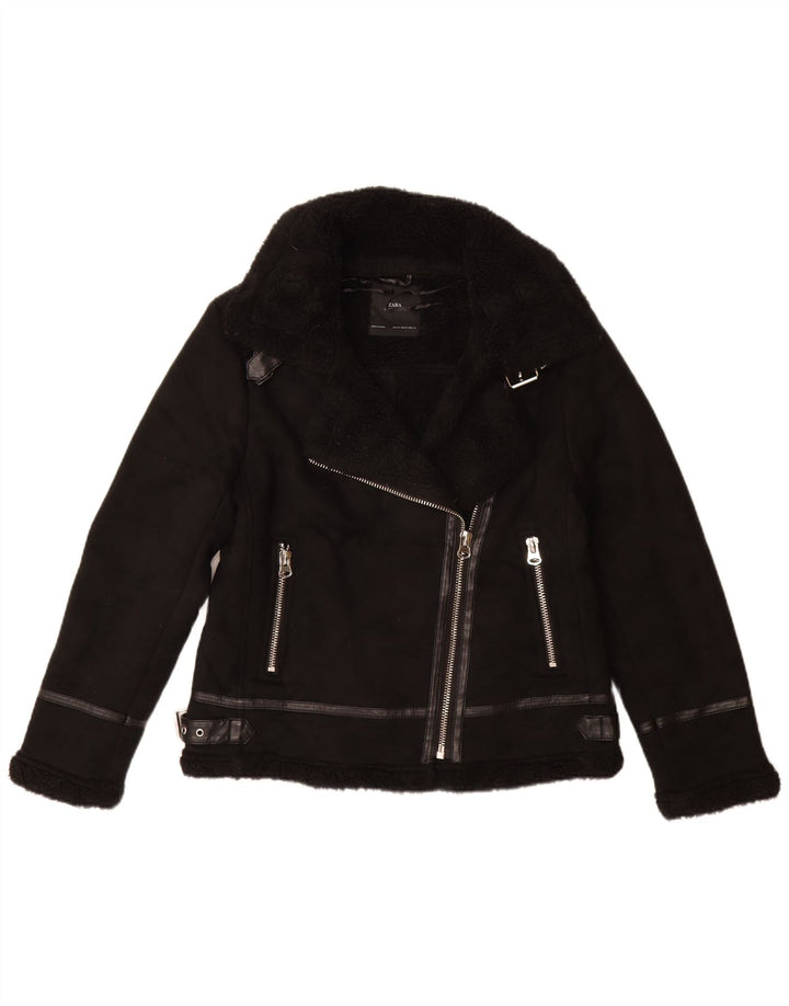 ZARA Veste Sherpa Biker Femme UK 12 Medium Noir Polyester