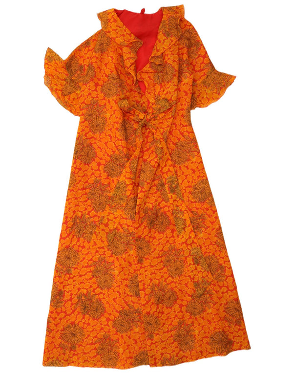 vintage Femme Robe Maxi Robe UK 14 Moyen Orange Floral Boho