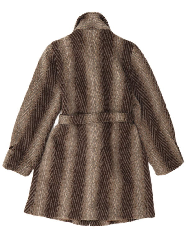 vintage Womens Overcoat UK 10 Petite laine rayée marron classique