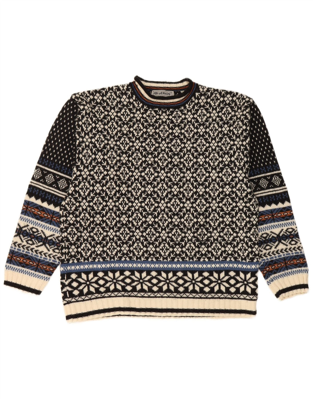 Lerros Pull à col rond pour homme en laine Fair Isle noir moyen