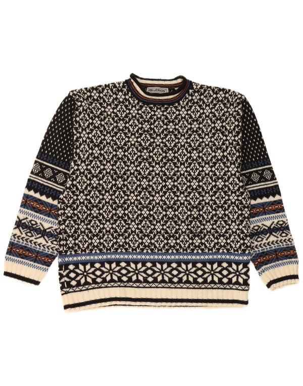 Lerros Pull à col rond pour homme en laine Fair Isle noir moyen