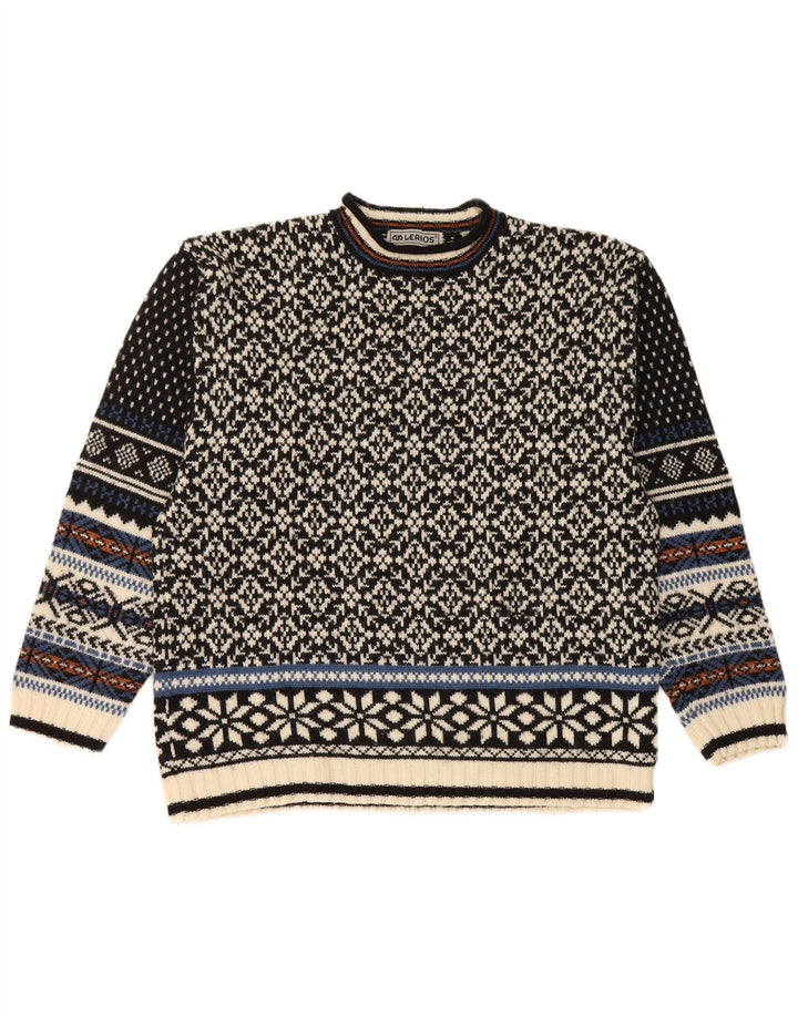 Lerros Pull à col rond pour homme en laine Fair Isle noir moyen
