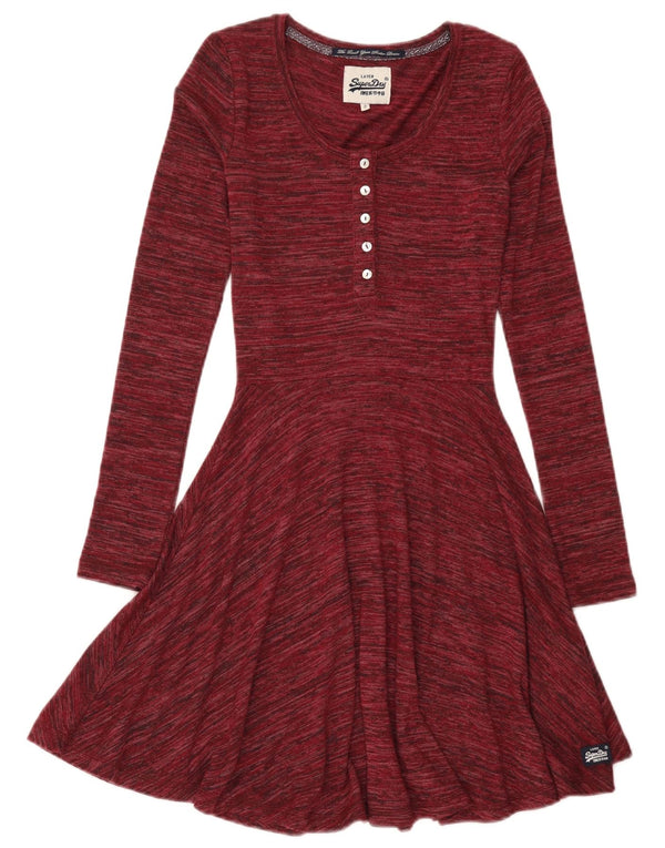 Superdry Robe trapèze à manches longues pour femme UK 4 XS Viscose mouchetée bordeaux