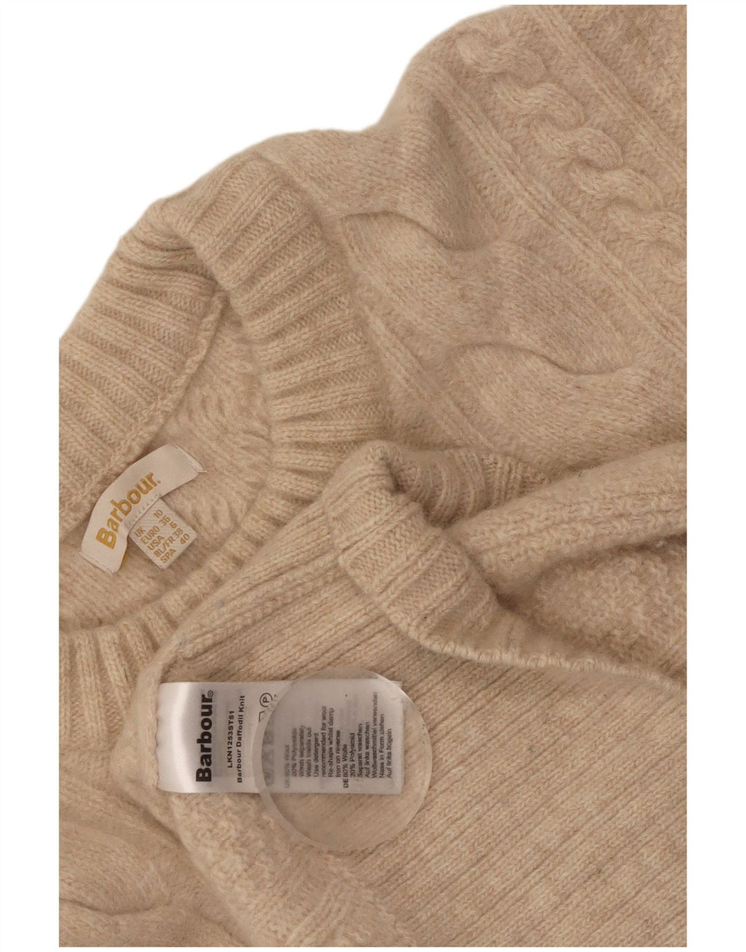 Barbour Pull à col rond pour femme UK 10 Petite laine beige