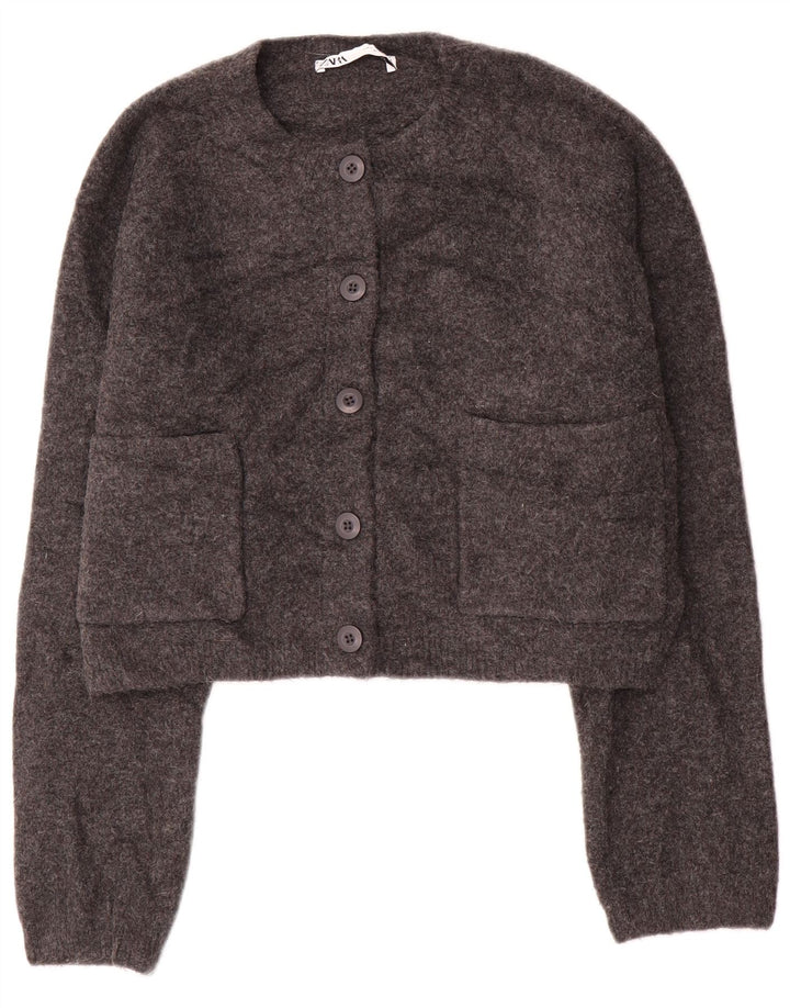 Zara Womens Crop Oversize Cardigan Pull UK 10 Petit Gris Acrylique