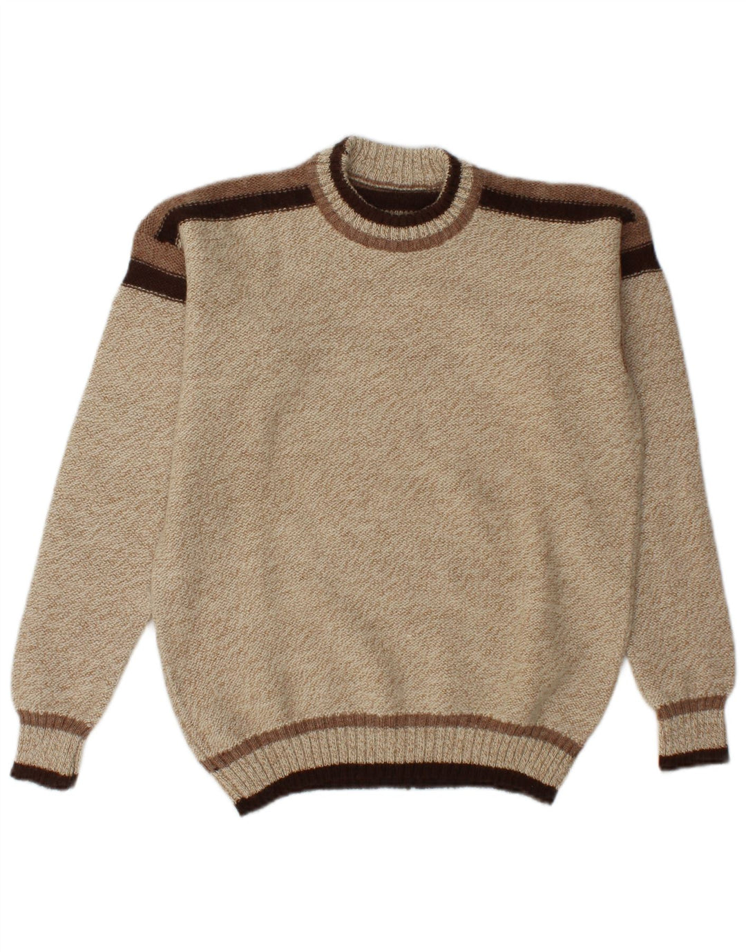 vintage Mens Crew Neck Jumper Pull Moyen Beige Colorblock Acrylique