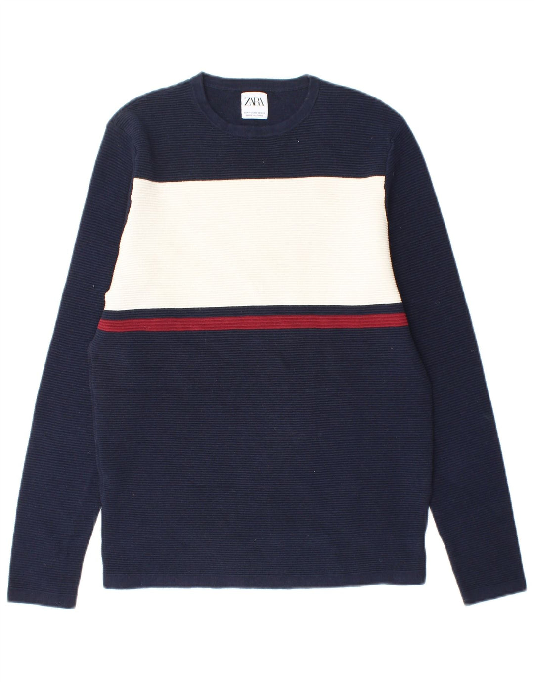 ZARA Pull à col rond pour homme en coton color block bleu marine moyen