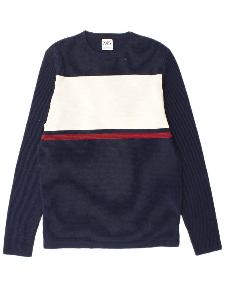 ZARA Pull à col rond pour homme en coton color block bleu marine moyen