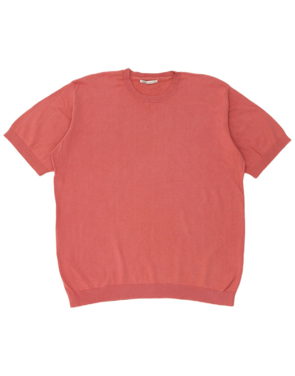 Zara Pull à manches courtes et col rond pour homme en coton rose Large