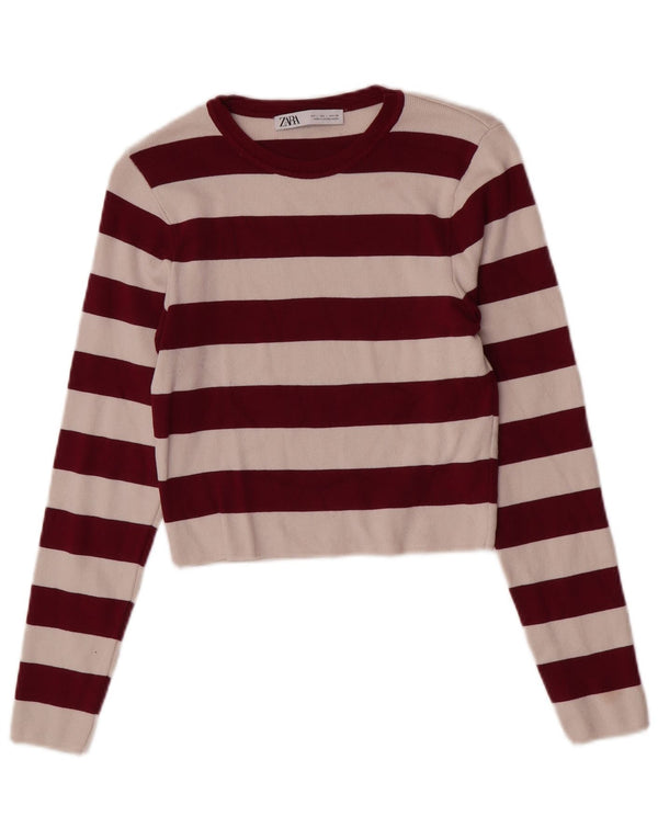 Zara Womens Crop Blouse Top UK 14 Grande Viscose Rayée Bordeaux