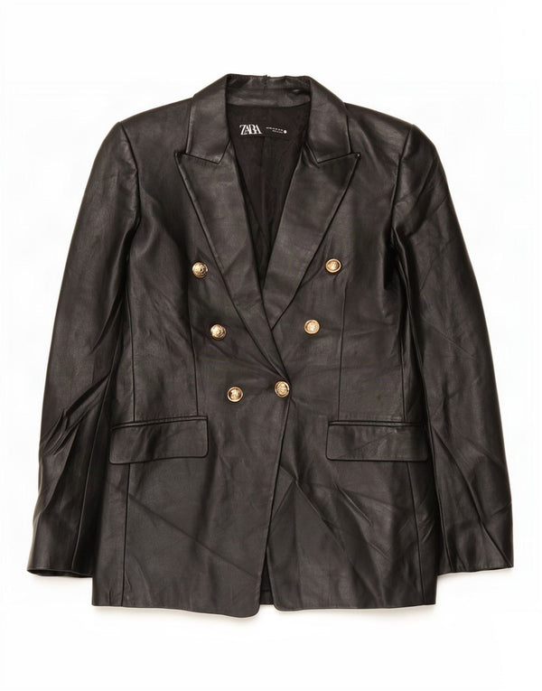 Zara Veste blazer double boutonnage en simili cuir pour femme UK 6 XS Noir