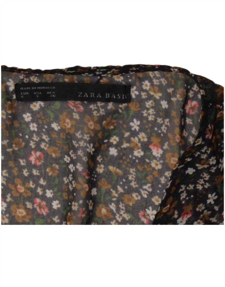 ZARA Femmes Noeud Papillon Sans Manches Voir À Travers Top UK 10 Petit Noir Floral