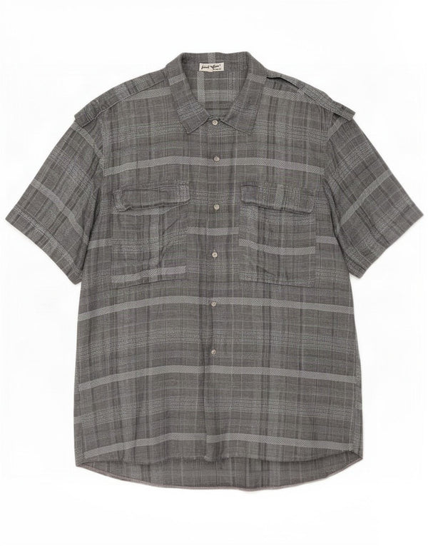 Vintage Mens Short Sleeve Military Shirt IT 52 Large Grey Check Linen