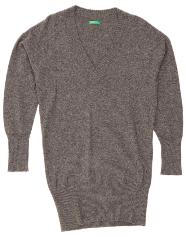 BENETTON Pull long surdimensionné à col en V pour femme UK 10 Petit Gris