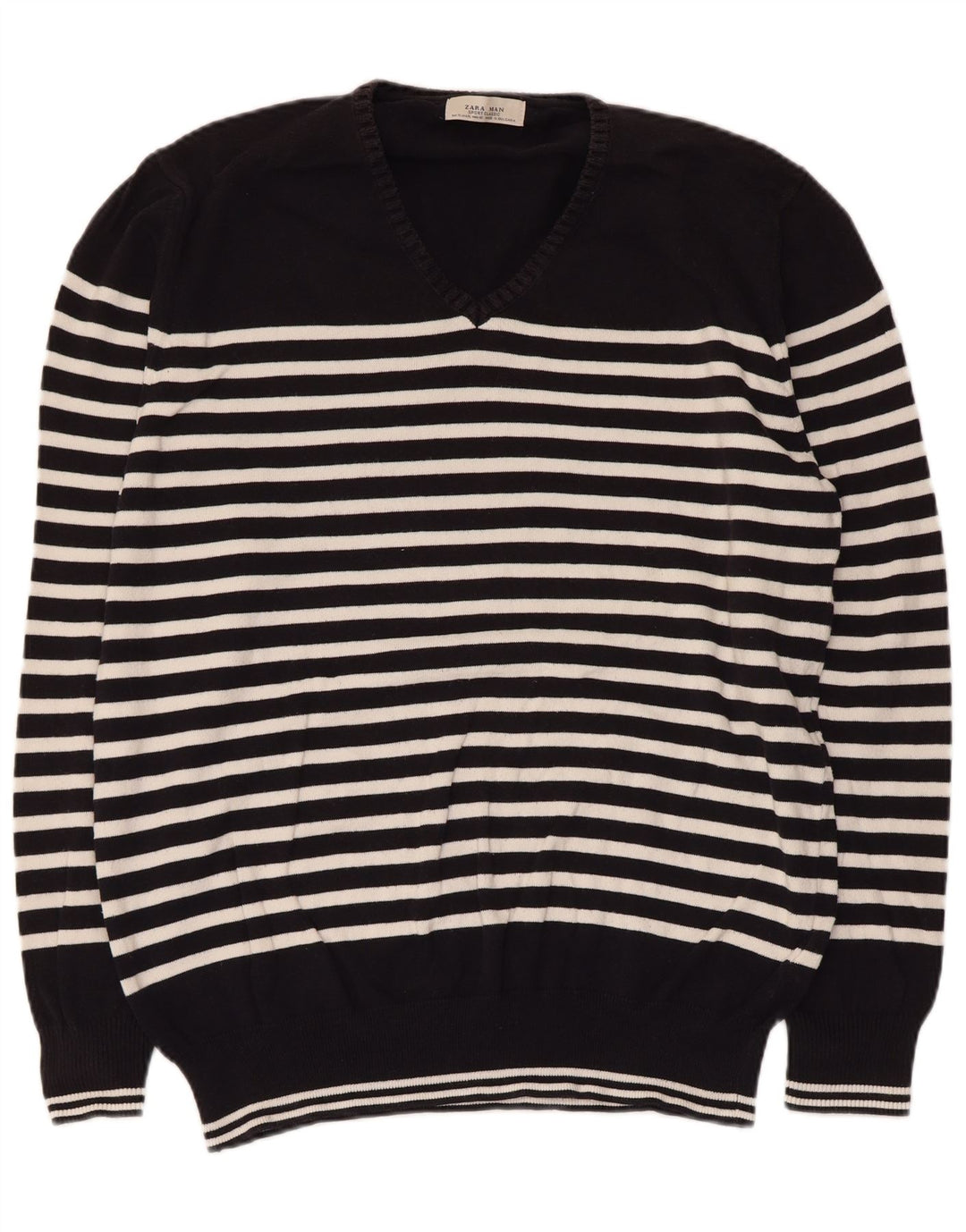 Zara Pull Col V Homme XL Noir Rayé
